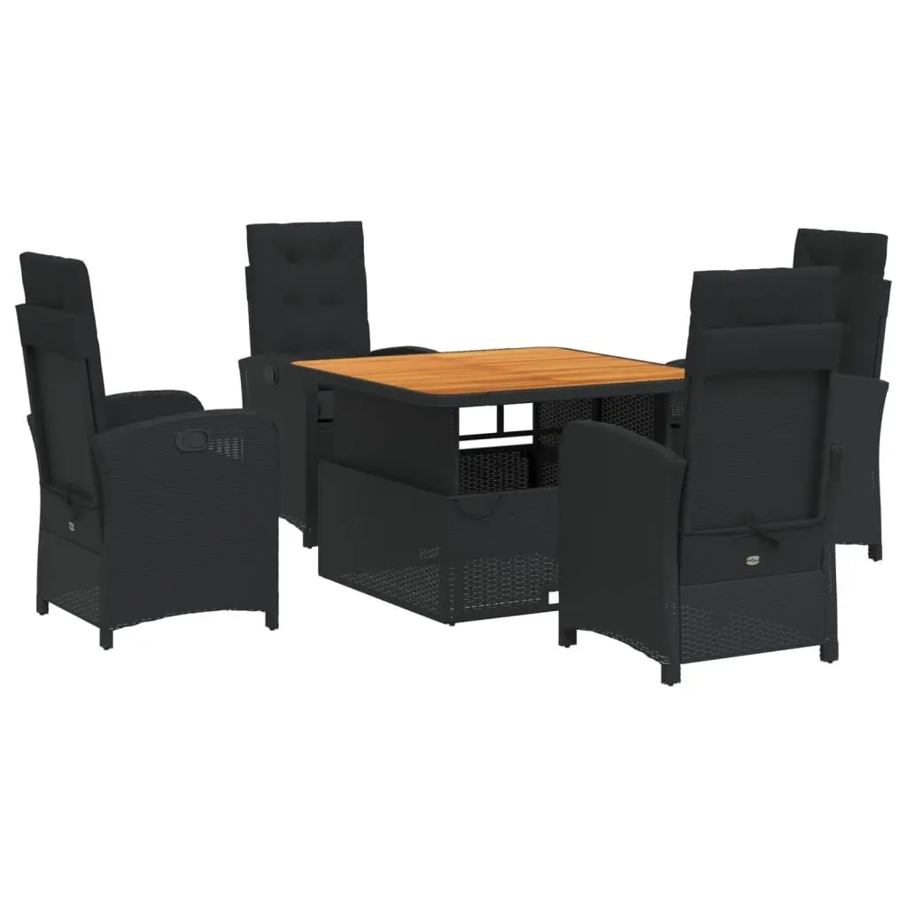 5 Piece Black Adjustable Backrest Cushioned Garden Dining Set Poly Rattan Outdoor Furniture