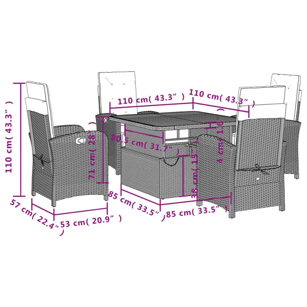 Garden Dining Set 5 Piece Outdoor Furniture Adjustable Table Black Poly Rattan