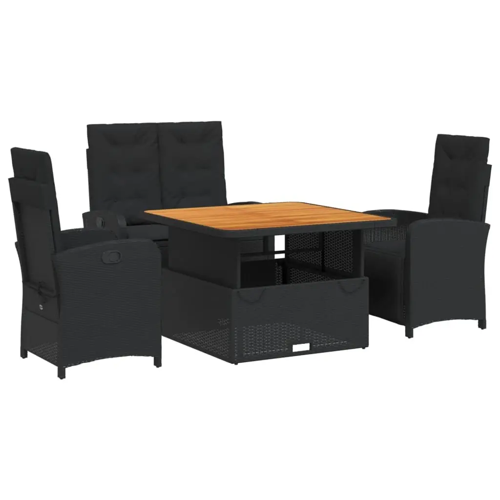 4 Piece Garden Dining Set Outdoor Furniture Adjustable Backrest Black Poly Rattan