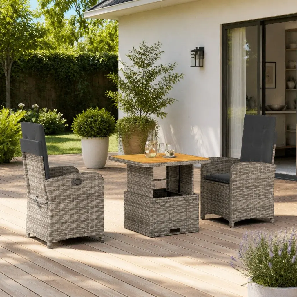 Garden Dining Set Outdoor Furniture 3 Piece Adjustable Backrest Table Chairs Grey