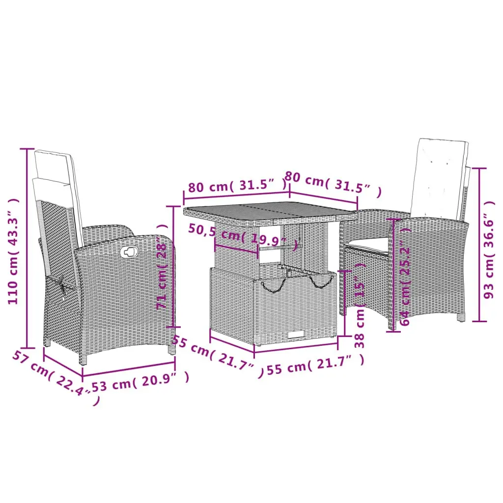 Garden Dining Set Outdoor Furniture 3 Piece Adjustable Backrest Table Chairs Grey