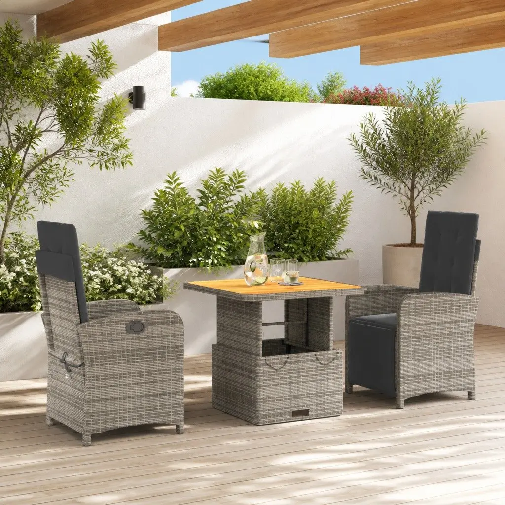 Garden Dining Set 3 Piece Outdoor Furniture Grey Poly Rattan Adjustable Backrest