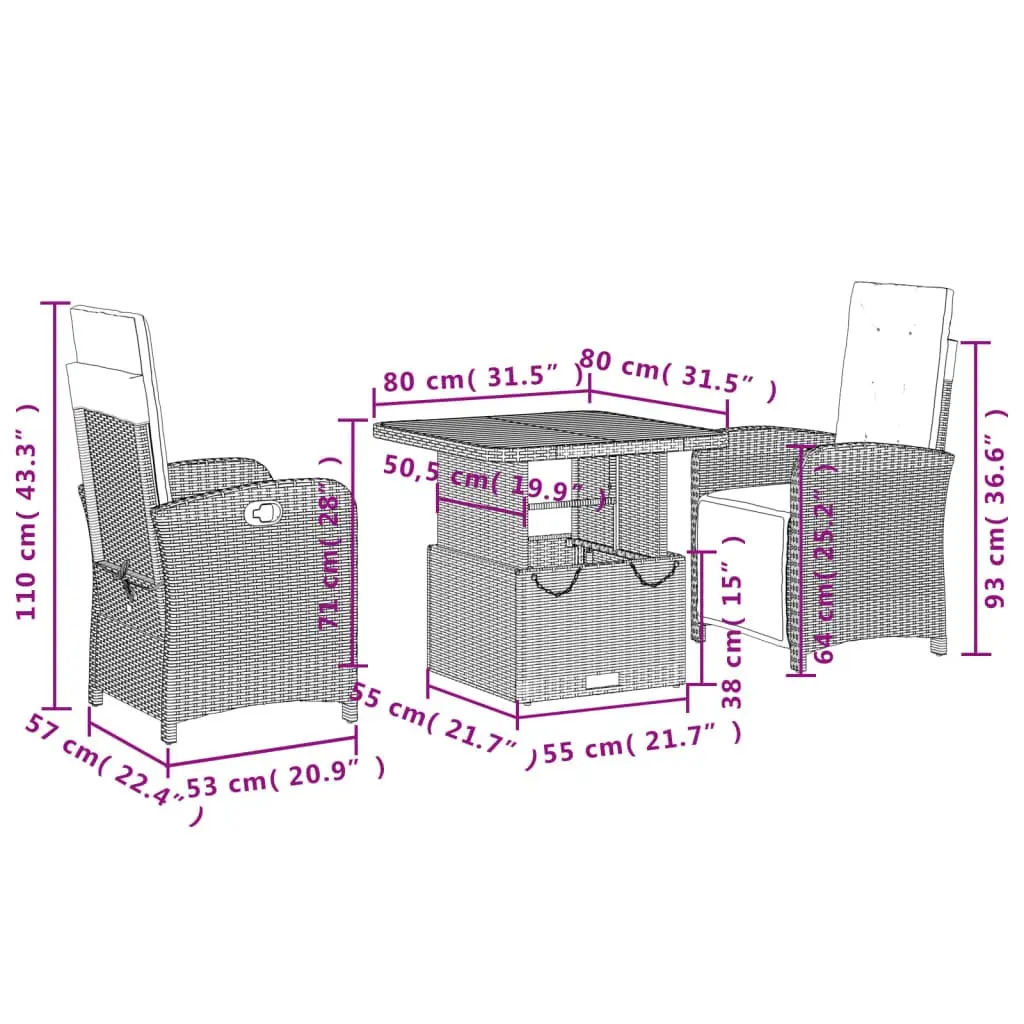 Garden Dining Set 3 Piece Outdoor Furniture Grey Poly Rattan Adjustable Backrest