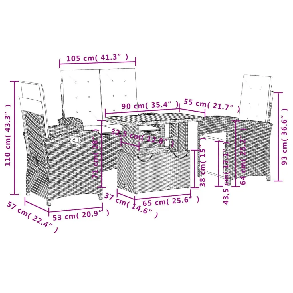 Garden Dining Set 4 Piece Outdoor Furniture Adjustable Backrest Lift-Top Table Grey Rattan