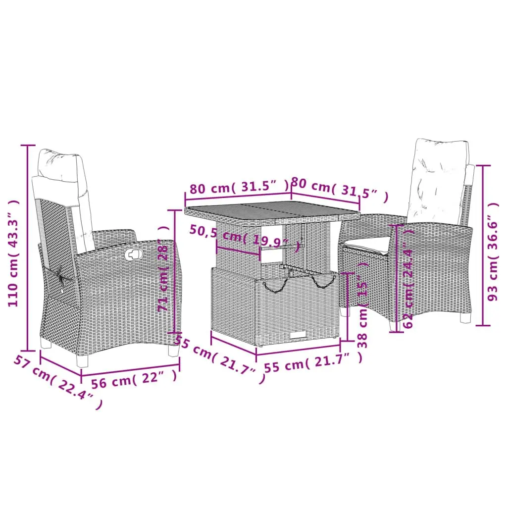 Outdoor Dining Set 3 Piece Garden Furniture Black Poly Rattan with Cushions