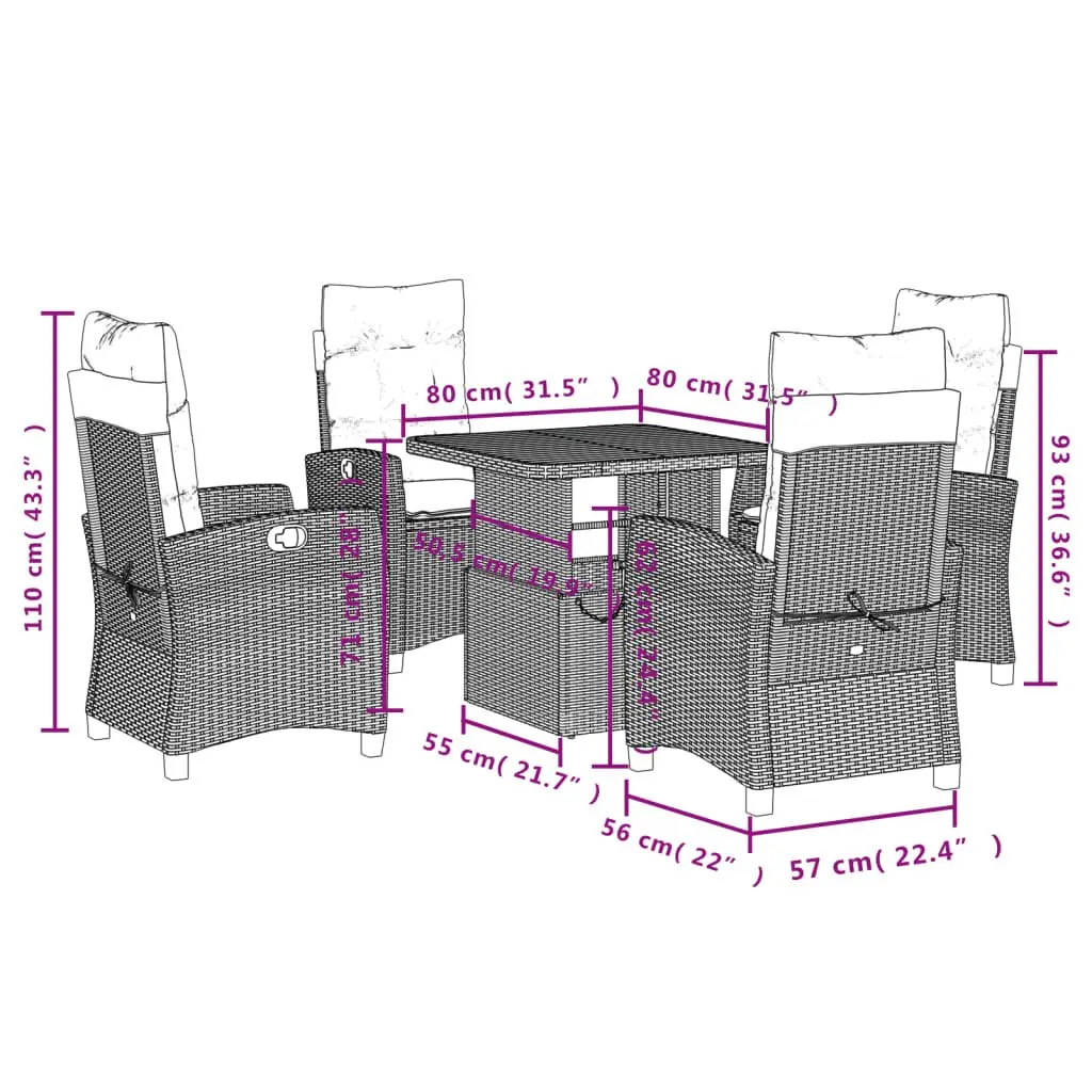 Outdoor Dining Set 5 Piece Adjustable Backrest Lift Top Table Black Poly Rattan