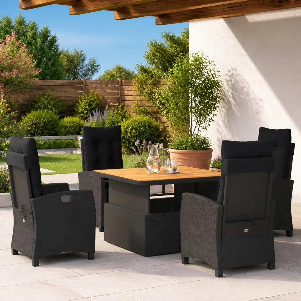5 Piece Garden Dining Set Adjustable Backrest Lift Top Table Black Outdoor Furniture