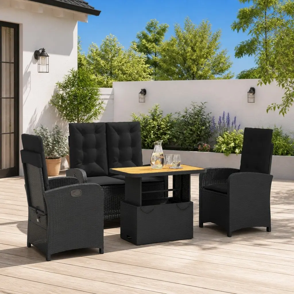 Black Adjustable Backrest Outdoor Dining Set 4 Piece PE Rattan Garden Furniture