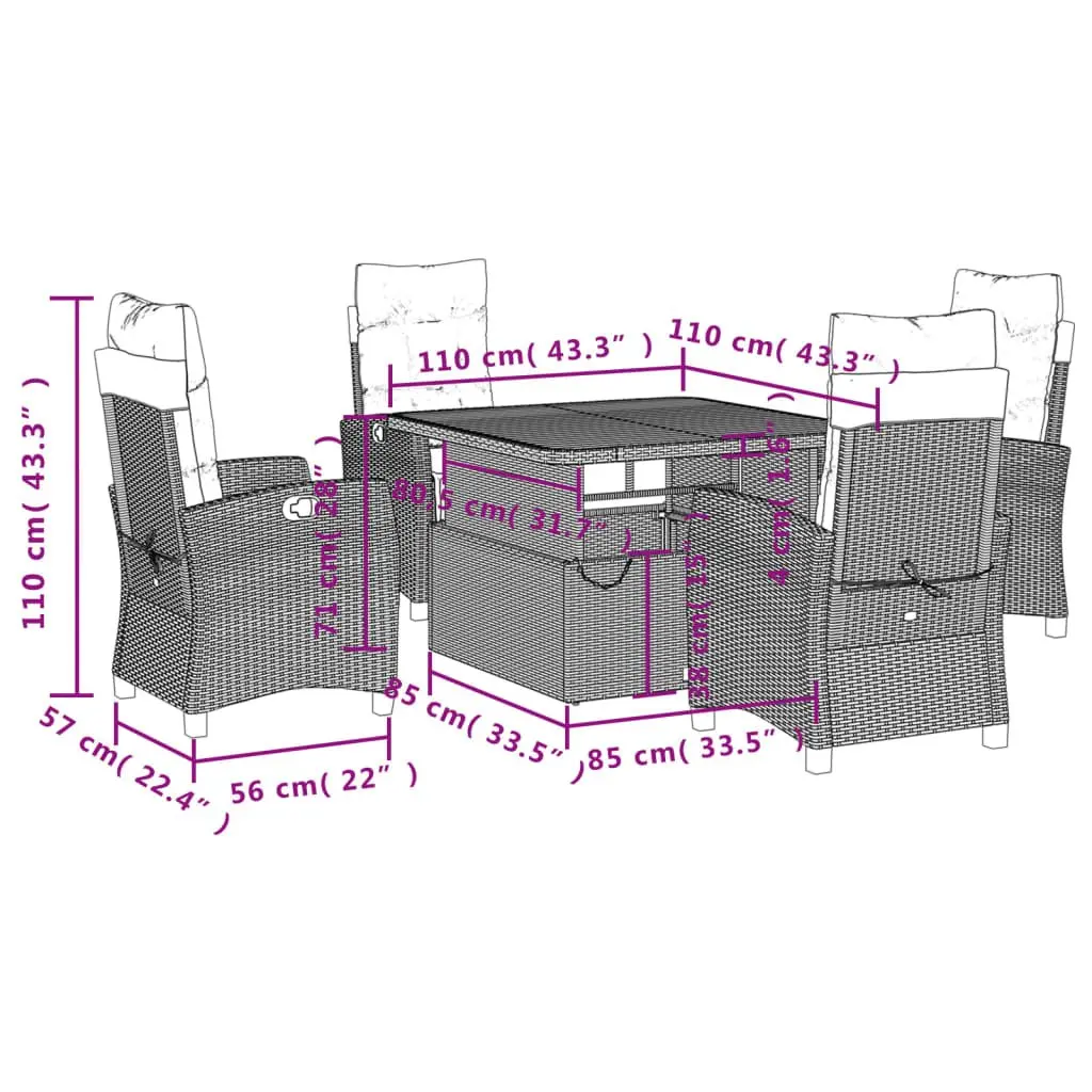 Garden Dining Set 5 Piece Outdoor Furniture Adjustable Backrest Lift-Top Table Grey Rattan