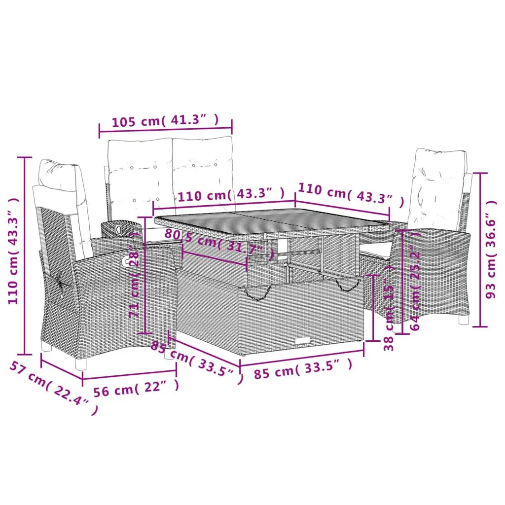 Garden Dining Set 4 Piece Grey Poly Rattan Outdoor Patio Furniture with Cushions