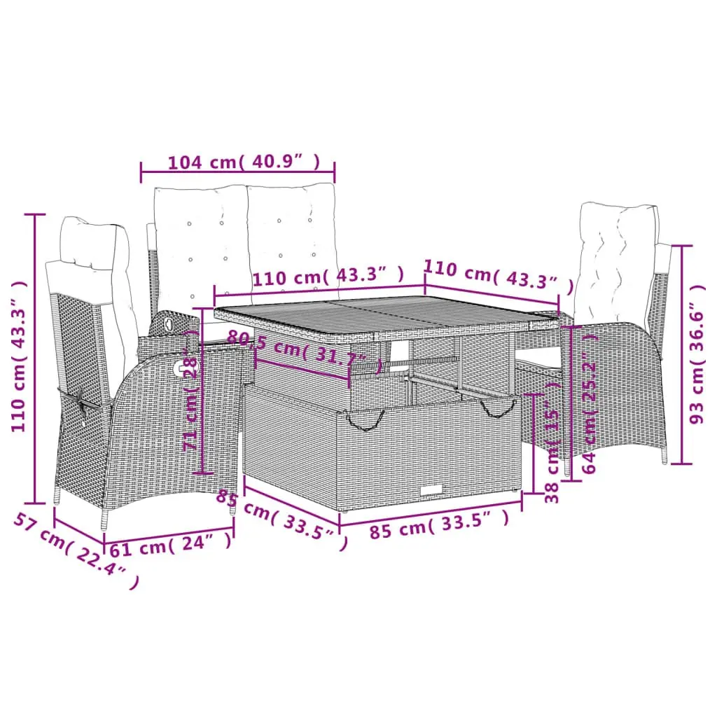 Grey Rattan Garden Dining Set 4 Piece Outdoor Furniture with Cushions