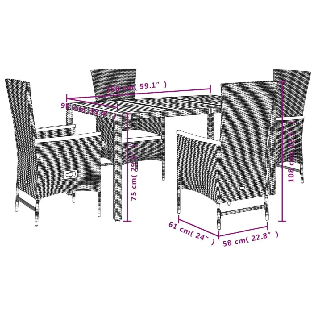 Garden Dining Set 5 Piece Black Poly Rattan Outdoor Furniture with Cushions