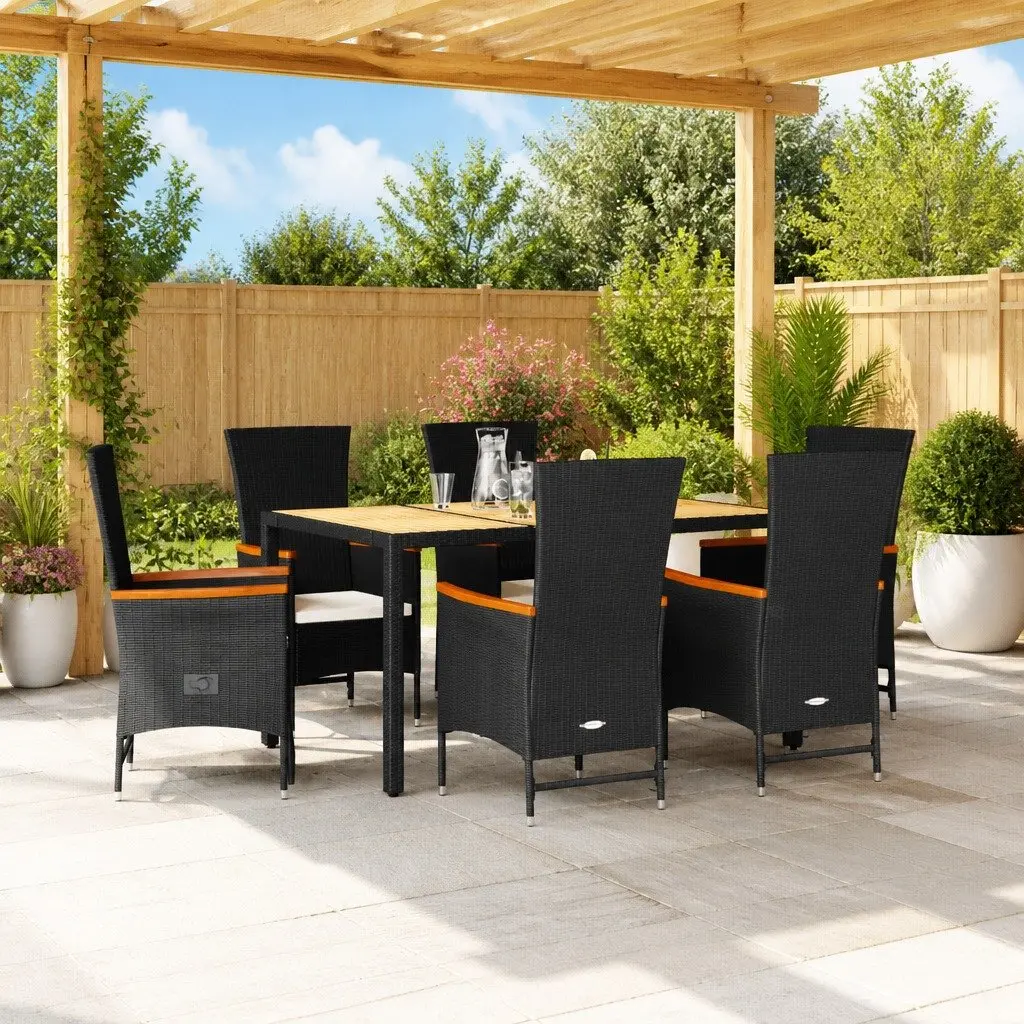 Garden Dining Set 7 Piece Outdoor Furniture Poly Rattan Chairs Adjustable Backrest Cushions Black