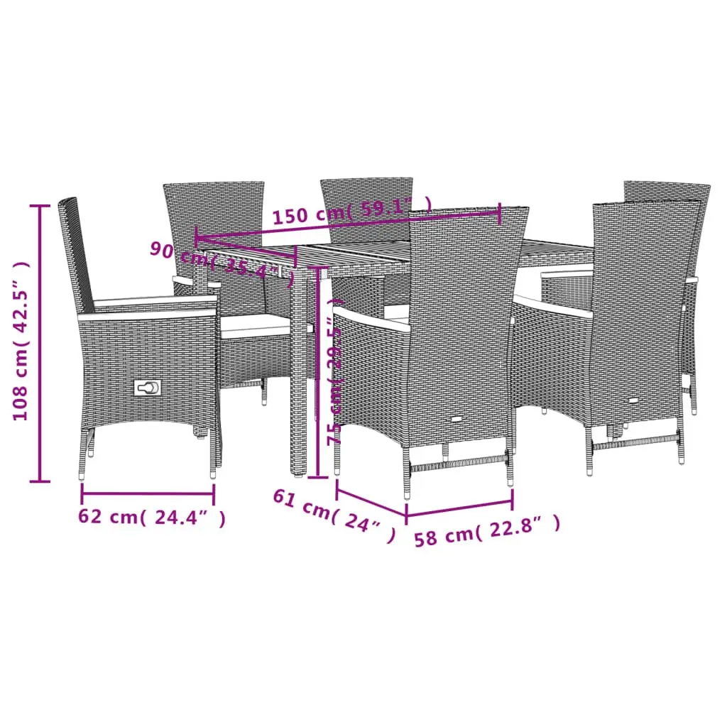 Garden Dining Set 7 Piece Outdoor Furniture Poly Rattan Chairs Adjustable Backrest Cushions Black