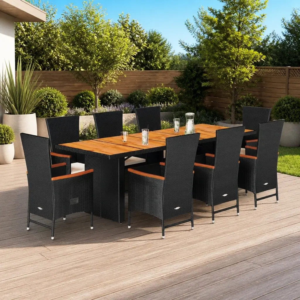 Garden Dining Set 9 Piece Outdoor Furniture Adjustable Backrest Cushioned Black Poly Rattan