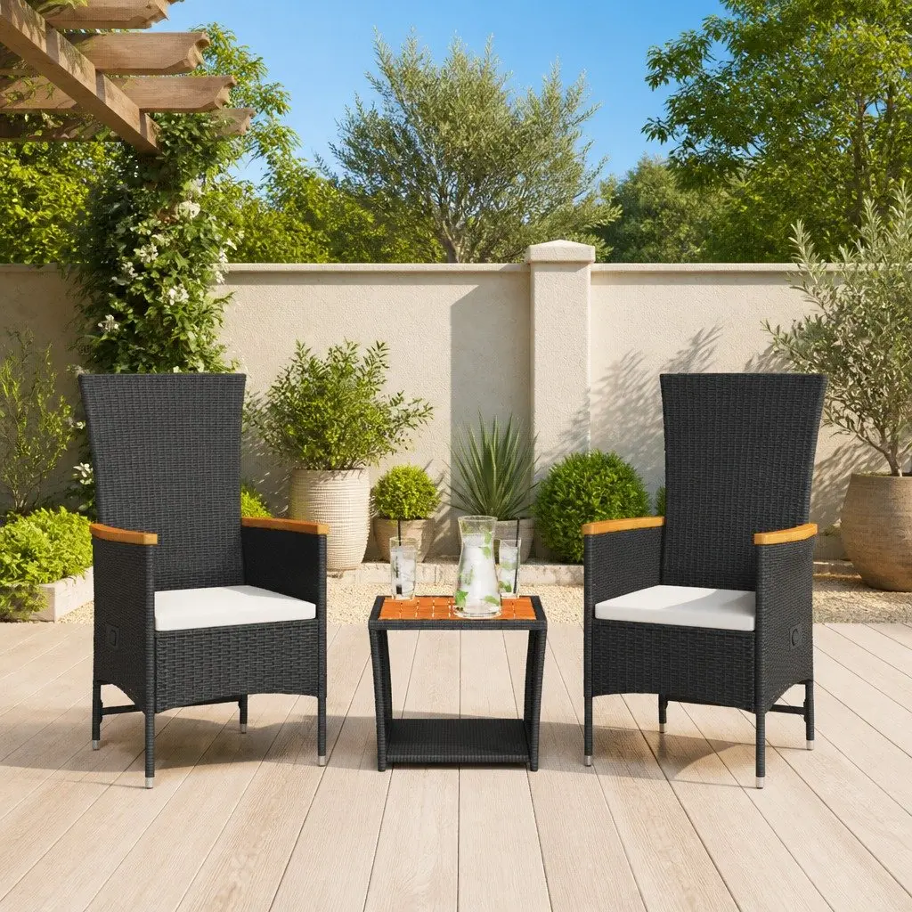 Garden Dining Set Outdoor Furniture 3 Piece Black Poly Rattan Cushions