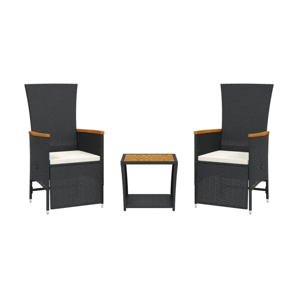 Outdoor Garden Dining Set 3 Piece Black Poly Rattan Furniture with Cushions