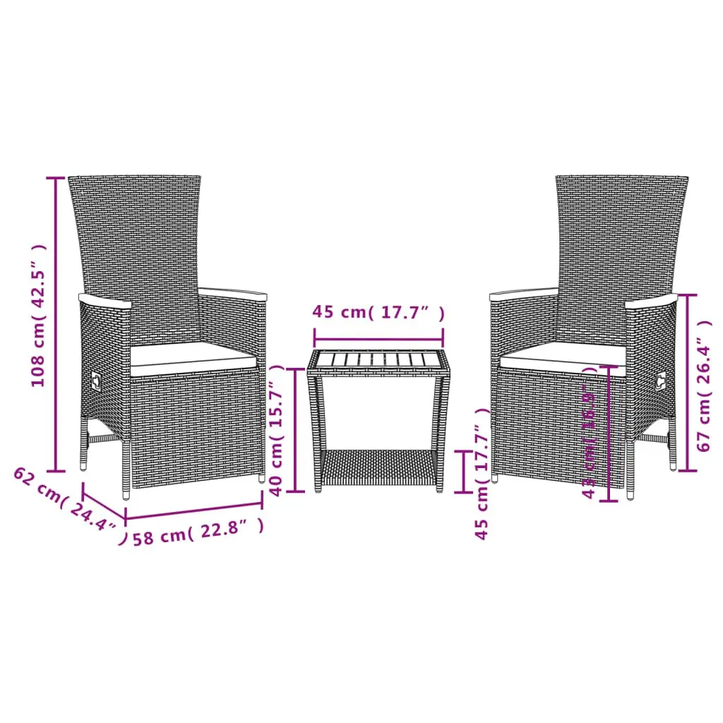 Outdoor Garden Dining Set 3 Piece Black Poly Rattan Furniture with Cushions