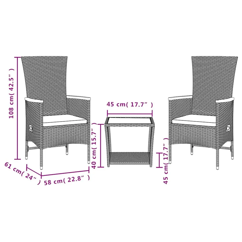 3 Piece Outdoor Dining Set Black Poly Rattan Table Chairs