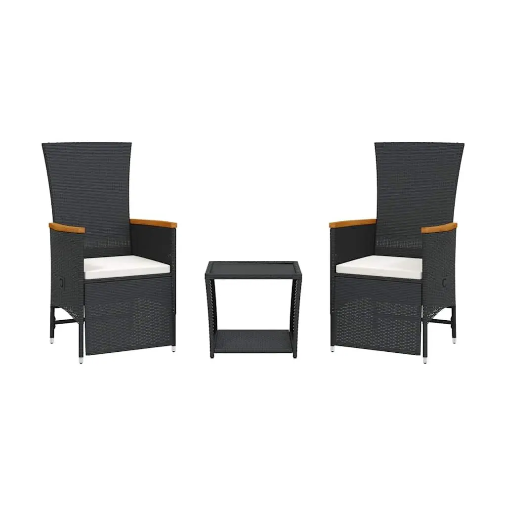 3 Piece Outdoor Dining Set Black Poly Rattan Adjustable Backrest Glass Tabletop