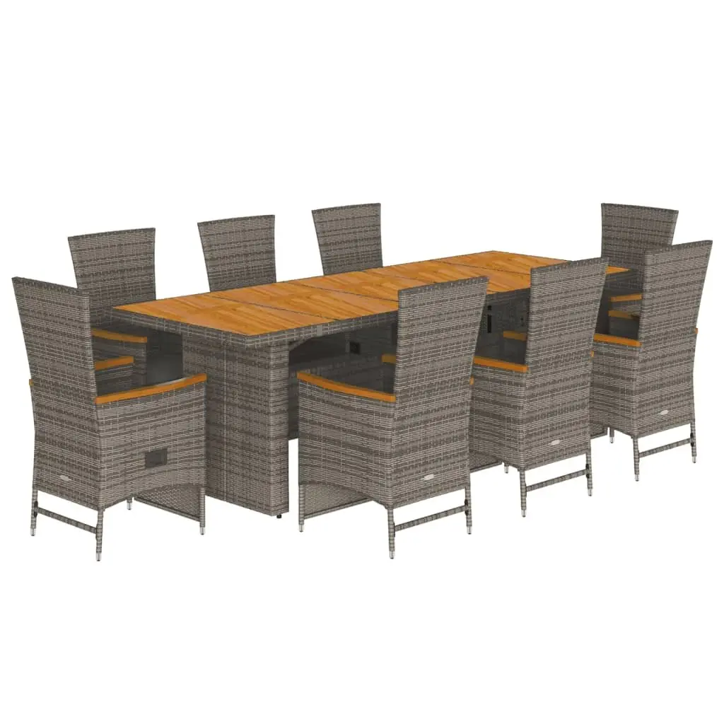Outdoor Furniture Dining Set 9 Piece Grey Poly Rattan Cushions Acacia Wood Table