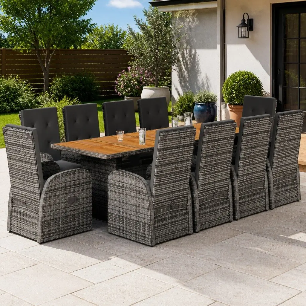 11 Piece Garden Dining Set Outdoor Furniture Grey Cushions Patio Seating