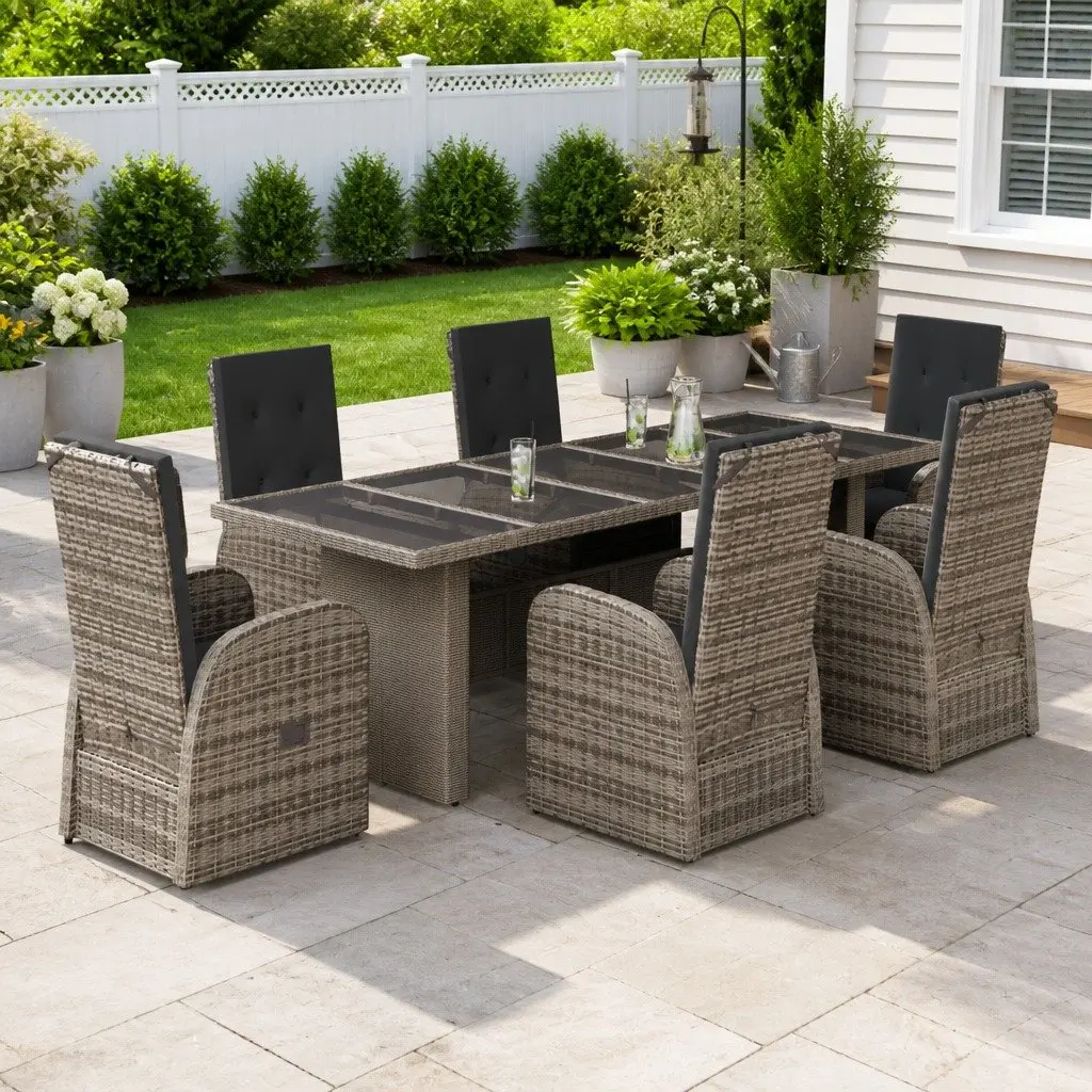 Garden Dining Set 7 Piece Outdoor Furniture Grey Poly Rattan Chairs Table