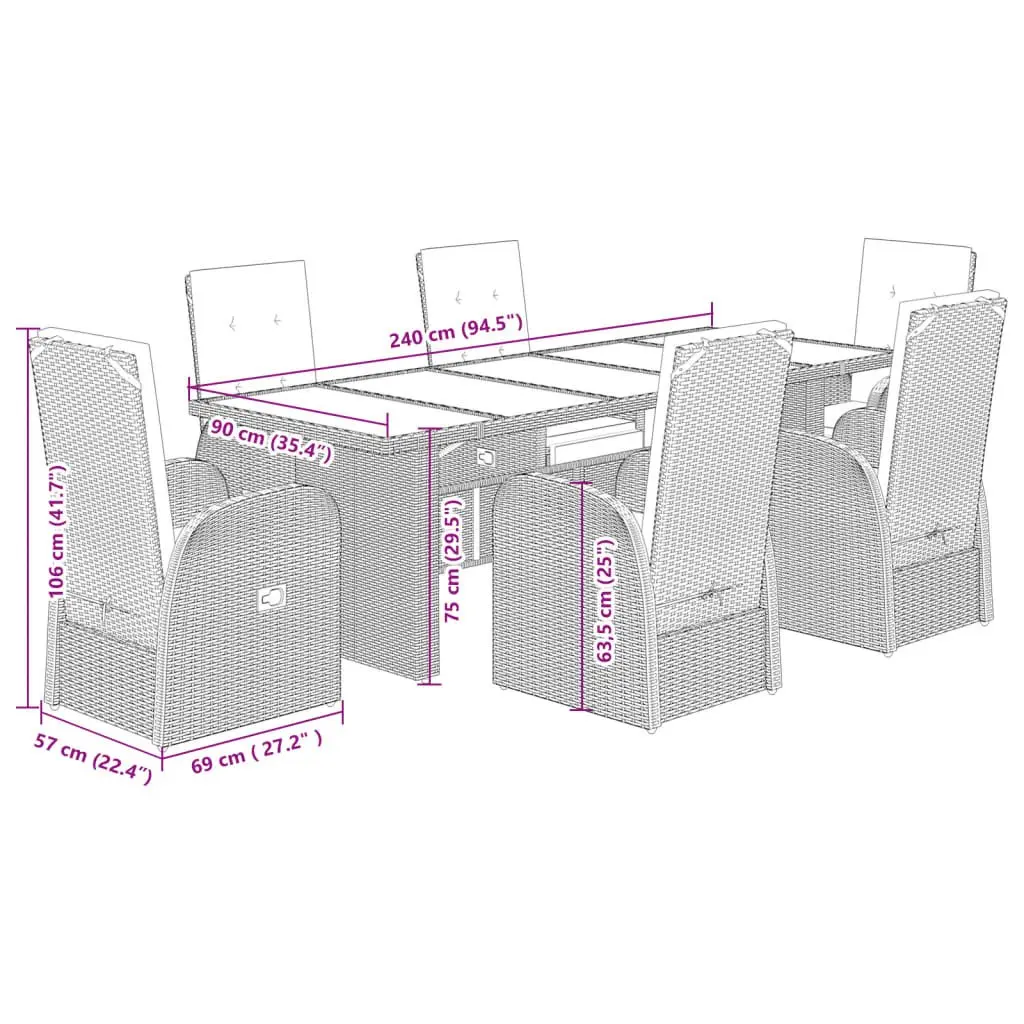 7 Piece Garden Dining Set Outdoor Furniture Cushioned Grey Poly Rattan