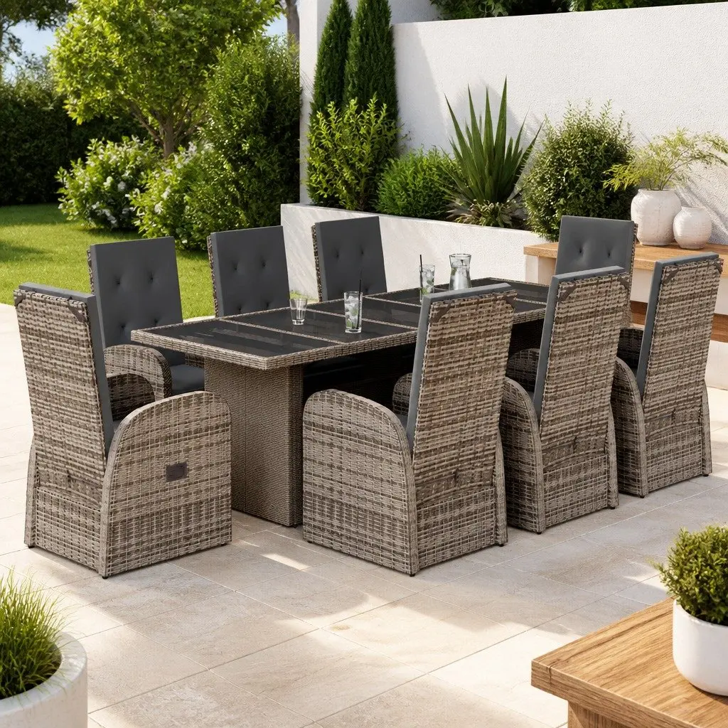 Outdoor Furniture Set 9 Piece Grey Poly Rattan Dining Chairs Table for Garden Patio