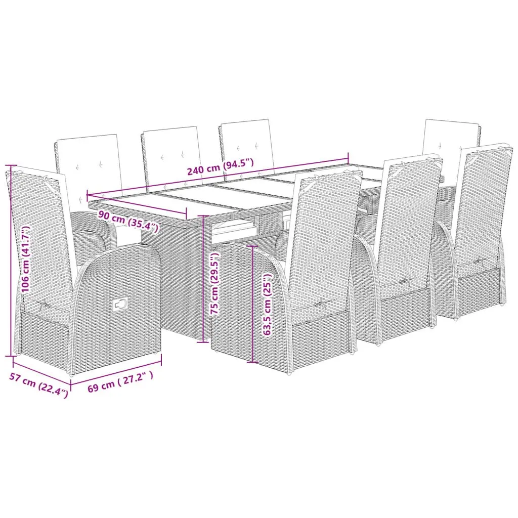 Outdoor Furniture Set 9 Piece Grey Poly Rattan Dining Chairs Table for Garden Patio
