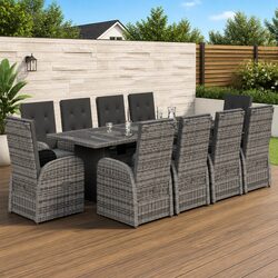 Garden Dining Set 11 Pieces Outdoor Patio Furniture with Cushions Grey Rattan