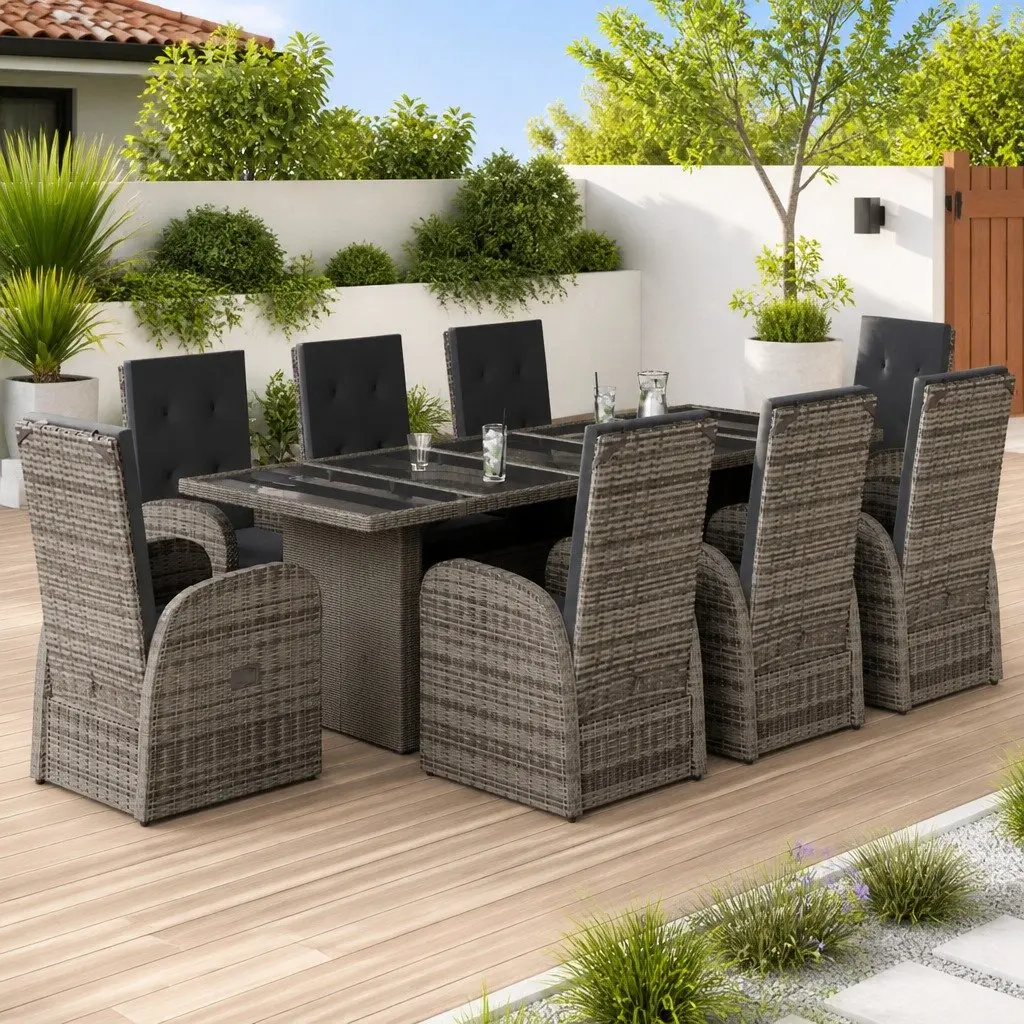 9 Piece Garden Dining Set Grey Poly Rattan Outdoor Furniture with Cushions