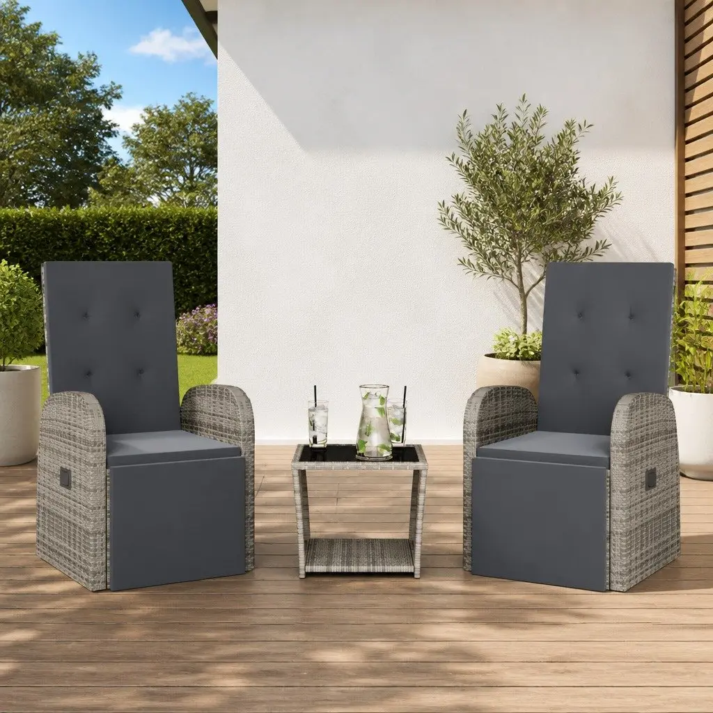 3 Piece Garden Dining Set Adjustable Backrest Cushions Grey Outdoor