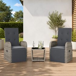 3 Piece Garden Dining Set Poly Rattan Adjustable Backrest Cushions Grey Outdoor