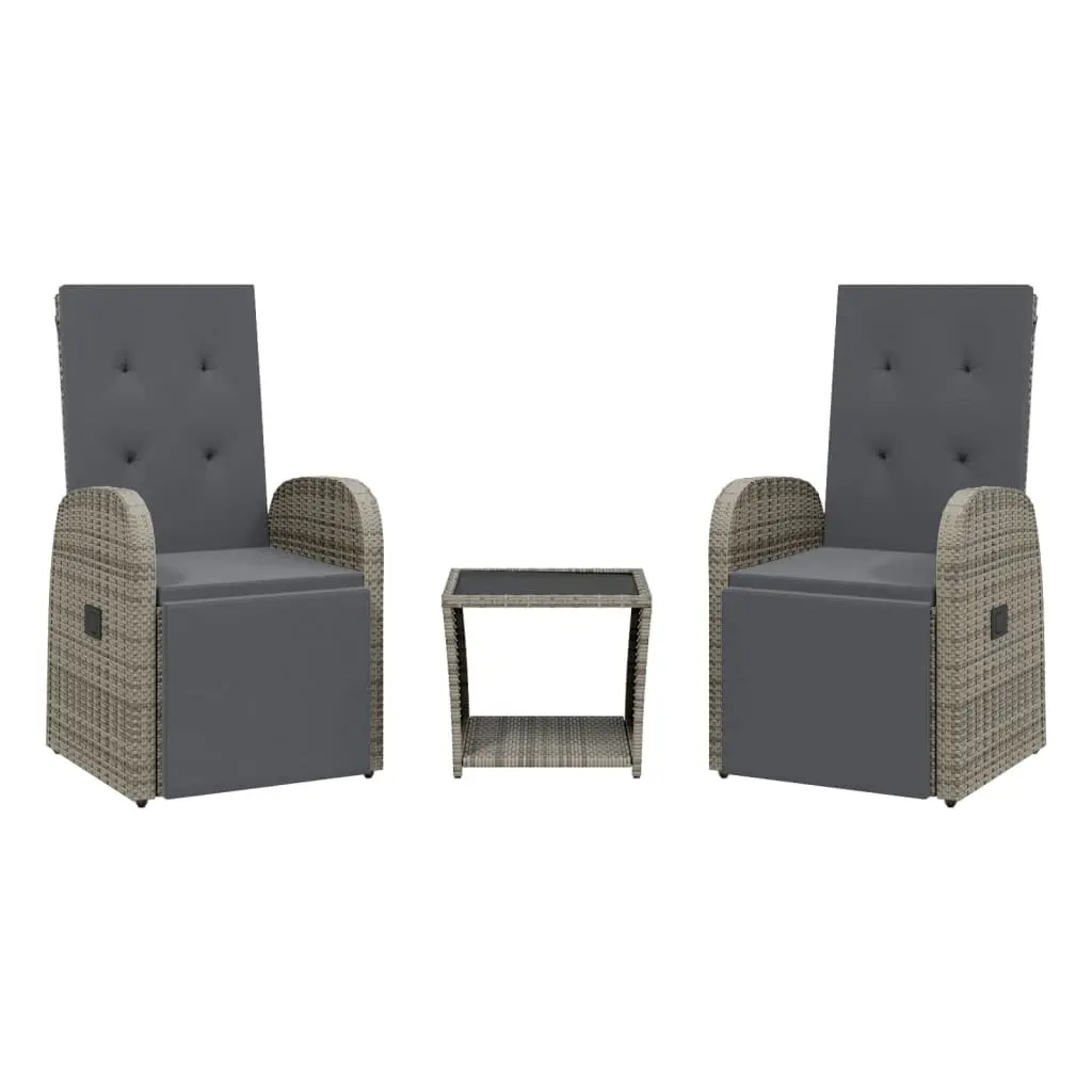 3 Piece Garden Dining Set Adjustable Backrest Cushions Grey Outdoor