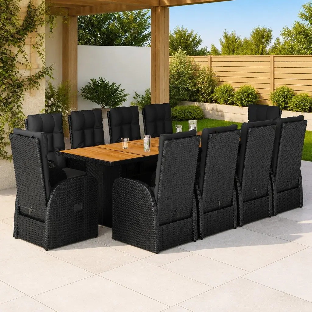 Outdoor Dining Set 11 Pieces Black Poly Rattan Garden Furniture Cushioned Seats