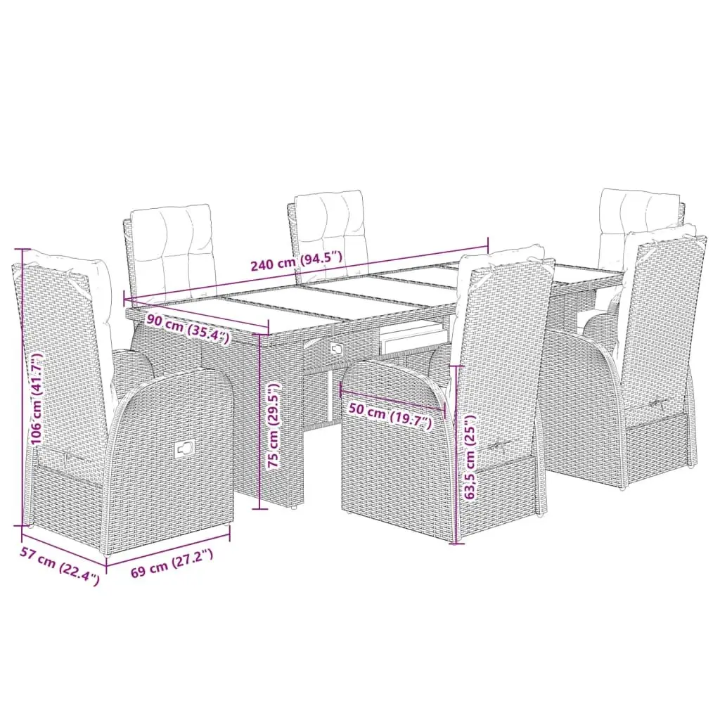 7 Piece Garden Dining Set Outdoor Furniture Cushions Black Rattan