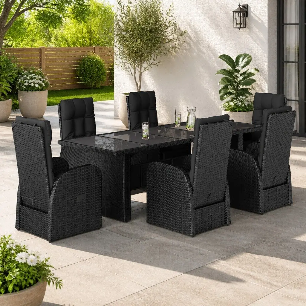 Outdoor Dining Set 7 Piece Garden Furniture Black Poly Rattan Cushioned Chairs