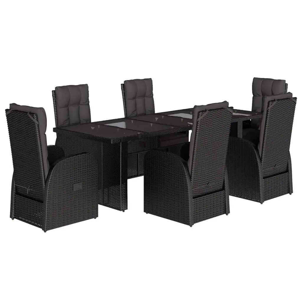 Outdoor Dining Set 7 Piece Garden Furniture Black Poly Rattan Cushioned Chairs