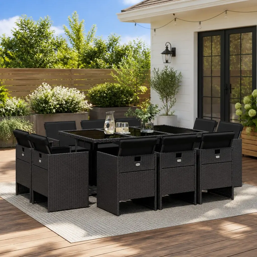 11 Piece Outdoor Dining Set Black Poly Rattan Chairs Table with Cushions