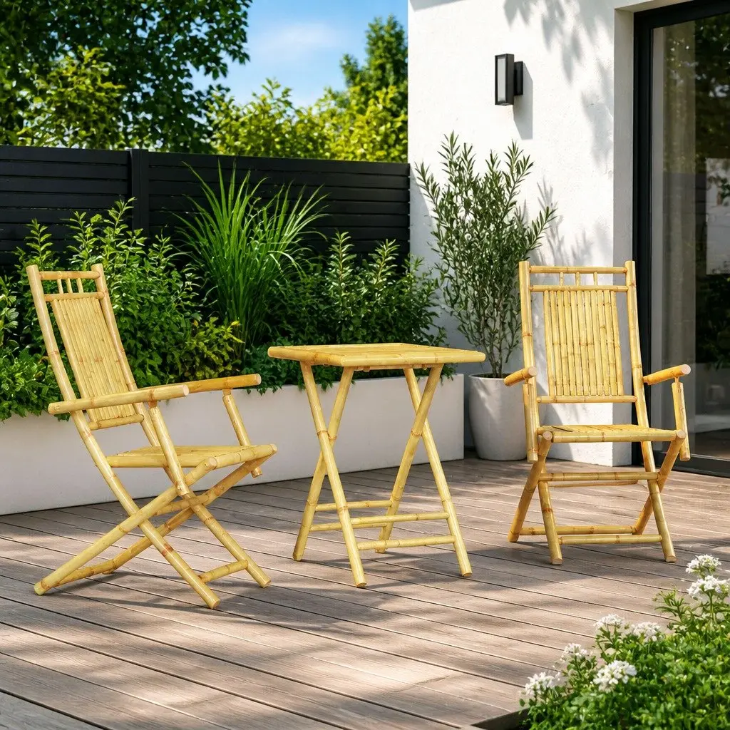 Bistro Set Bamboo Brown Outdoor Furniture 3 Piece Seating Table and Chairs