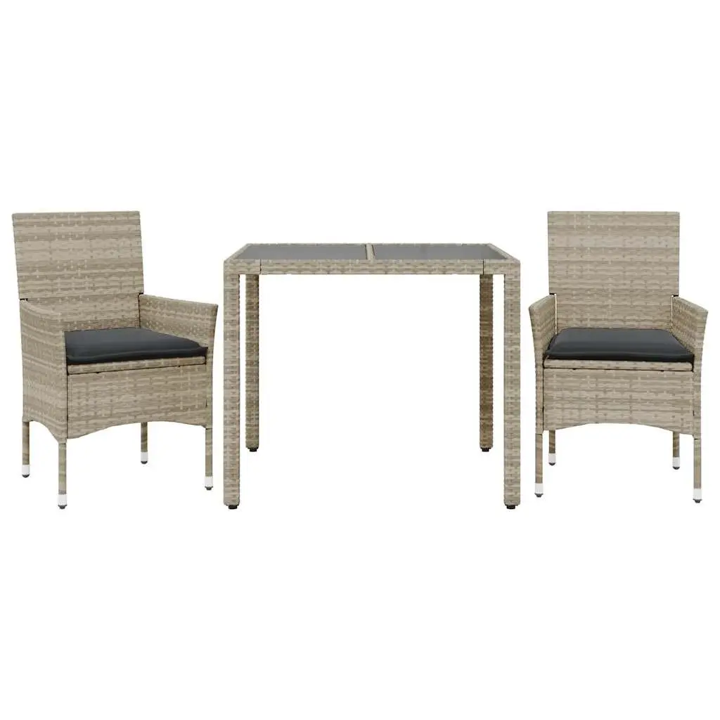 Garden Dining Set Outdoor Furniture 3 Piece Grey Poly Rattan Glass Table