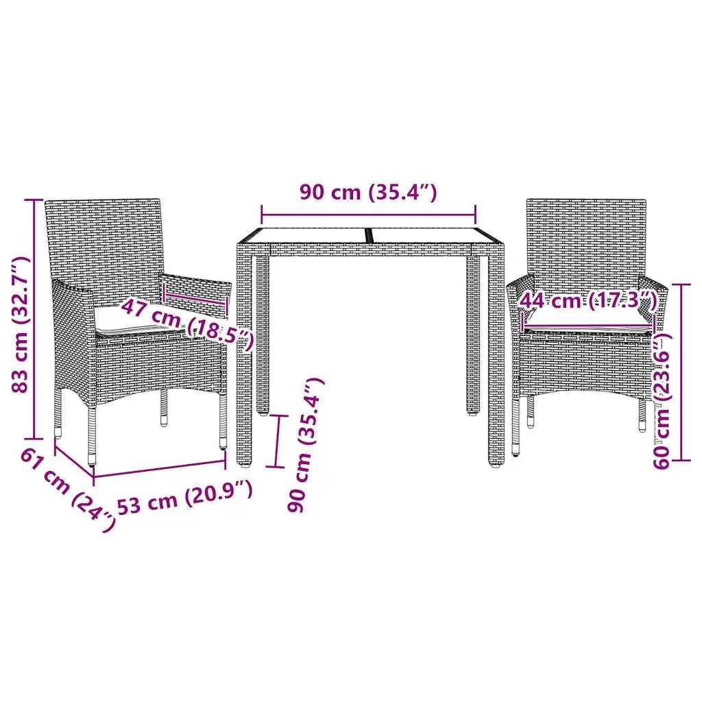 Garden Dining Set Outdoor Furniture 3 Piece Grey Poly Rattan Glass Table
