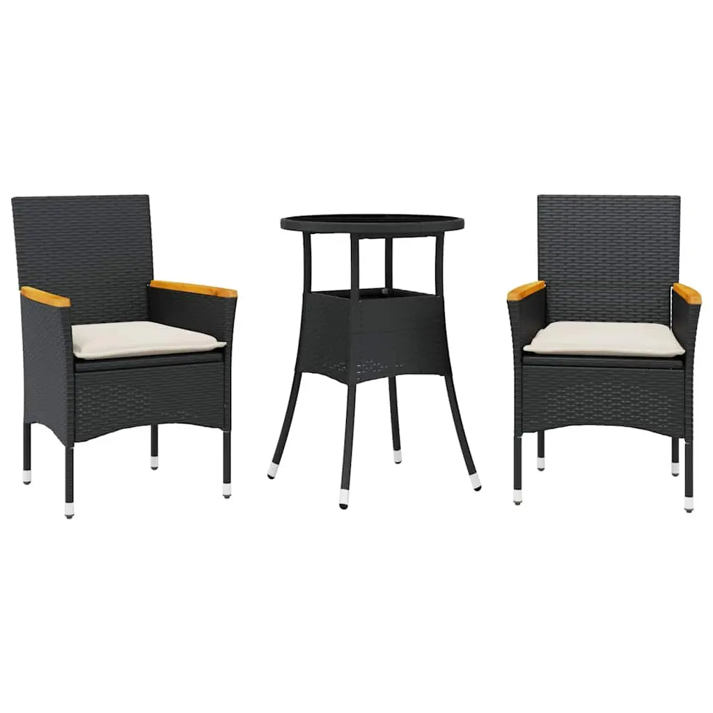 Outdoor Dining Set Garden Furniture 3 Piece Black PE Rattan Glass Table