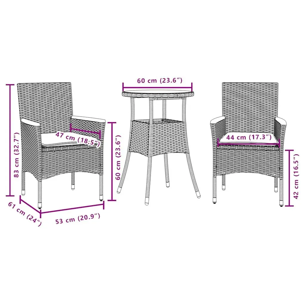 Outdoor Dining Set Garden Furniture 3 Piece Black PE Rattan Glass Table