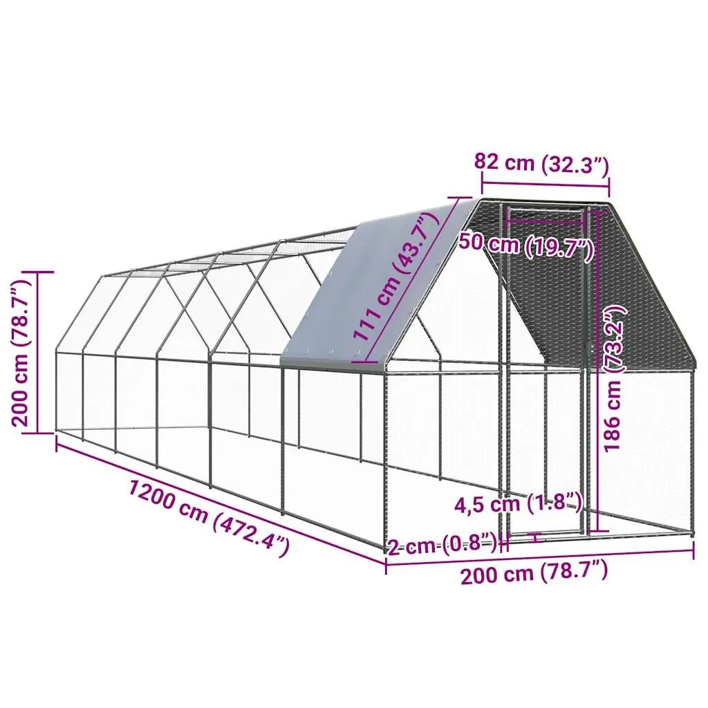 Chicken Cage Walk In Enclosure 2x12x2 m Galvanised Steel Silver