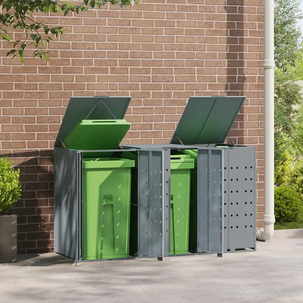 Wheelie Bin Storage Shed for 3 Garbage Bins Outdoor Grey Powder-Coated Steel
