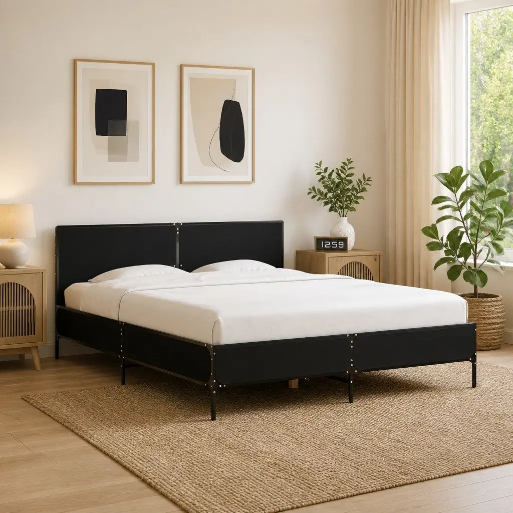 Black Bed Frame 150x200 cm with Headboard