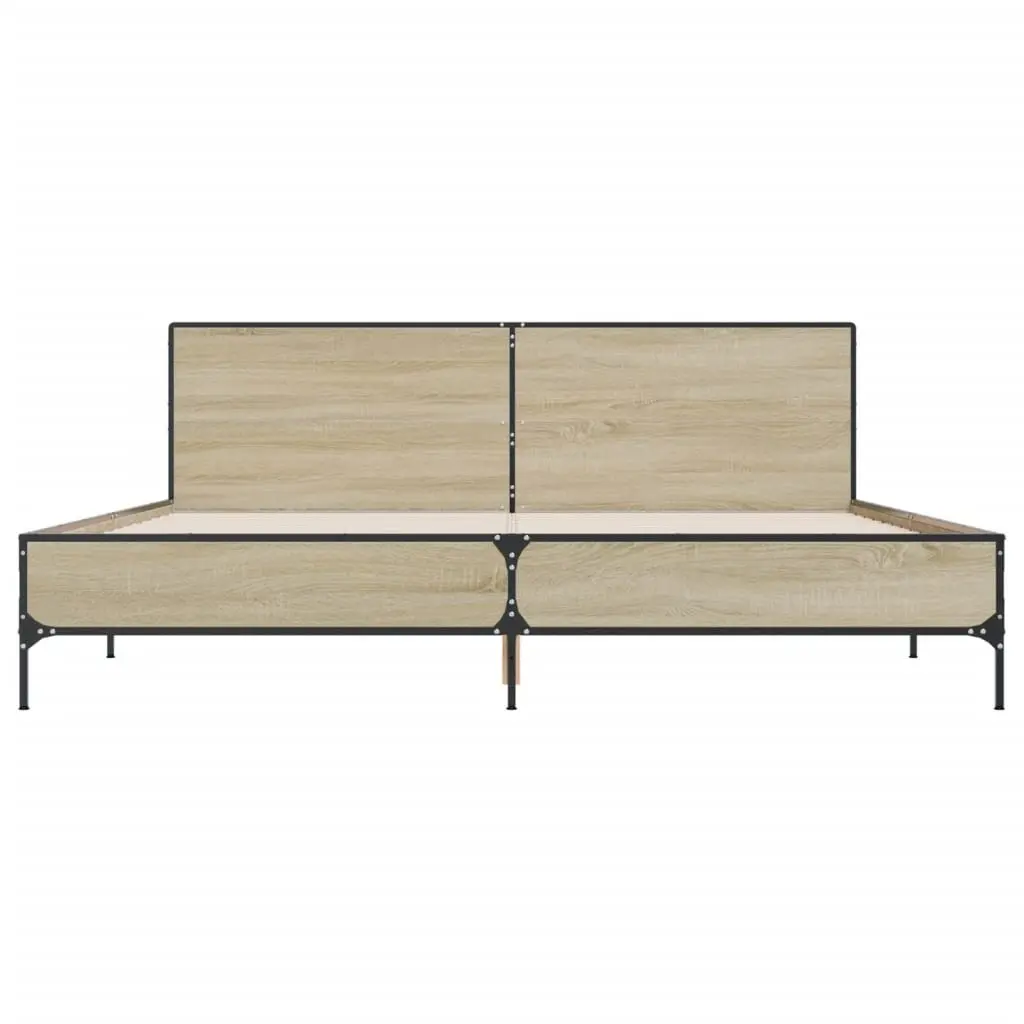 King Bed Frame 183x203cm Brown Engineered Wood Headboard Slatted Base Metal Legs