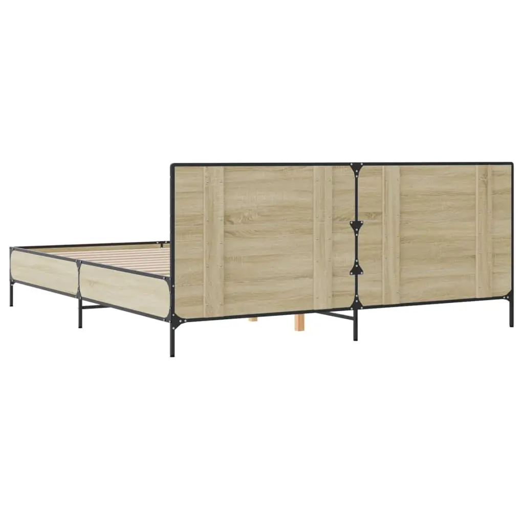 King Bed Frame 183x203cm Brown Engineered Wood Headboard Slatted Base Metal Legs